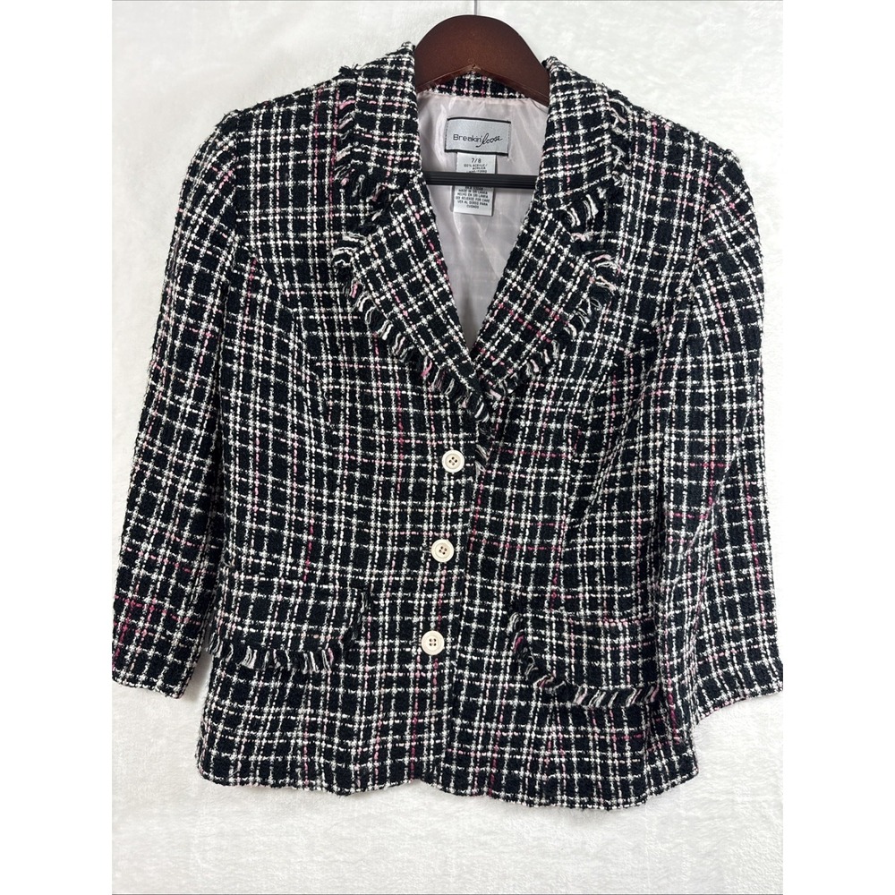 Breakin Loose Plaid Tweed Skirt Suit Set Black Pink‎ Fringed Blazer Size 7/8